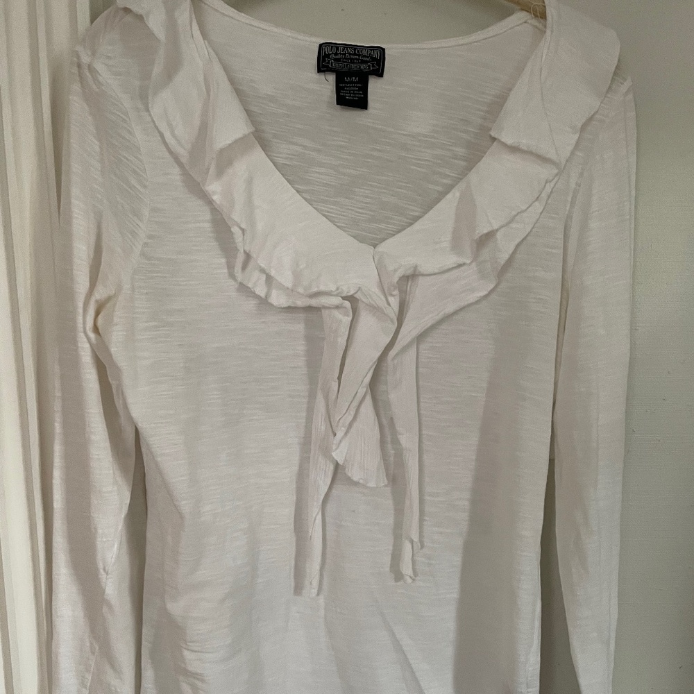 Polo Jeans CO Longsleeve Ruffle Top Shirt White Women's Medium M